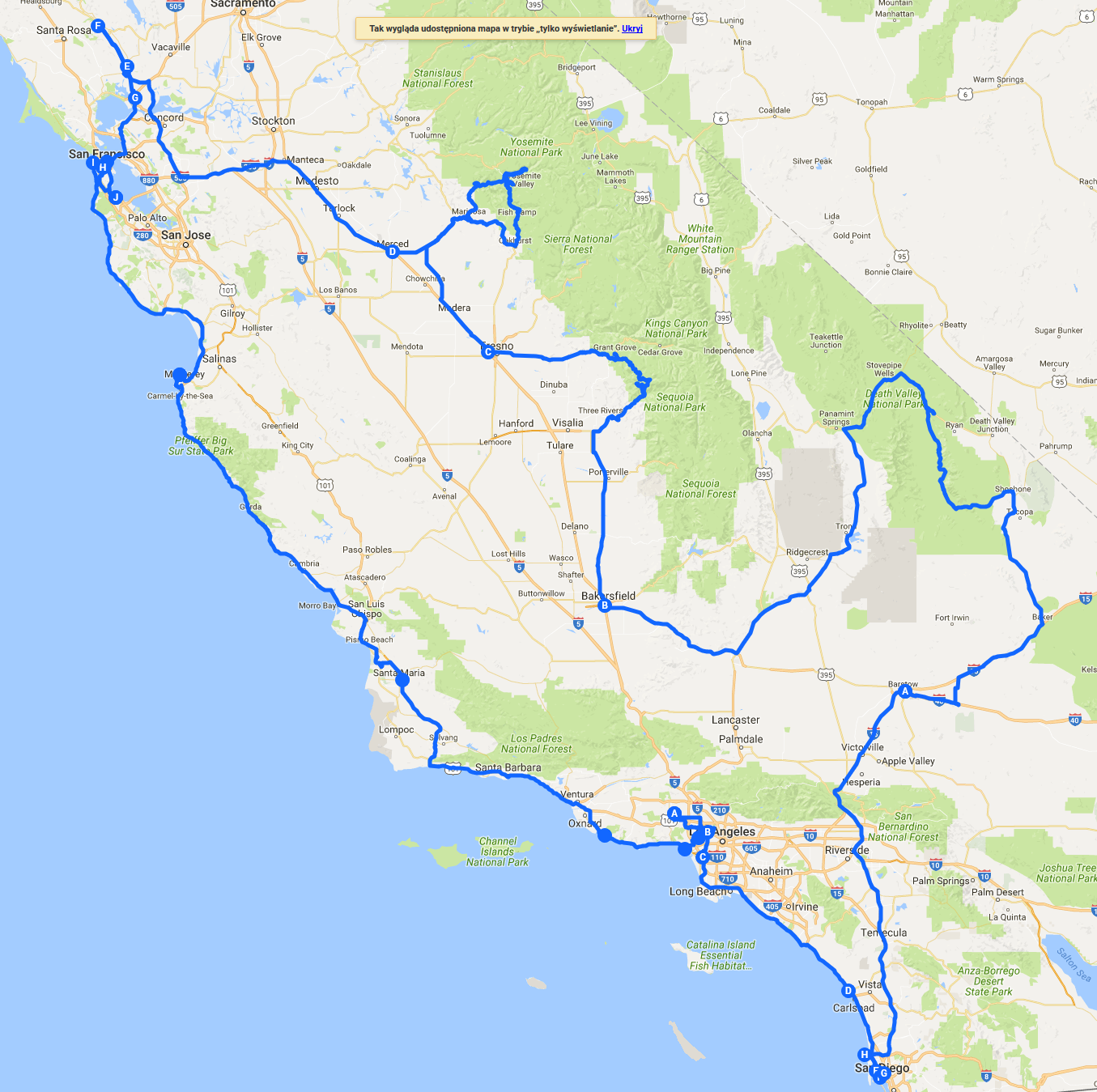 Mapa mojego zwiedzania Kalifornii